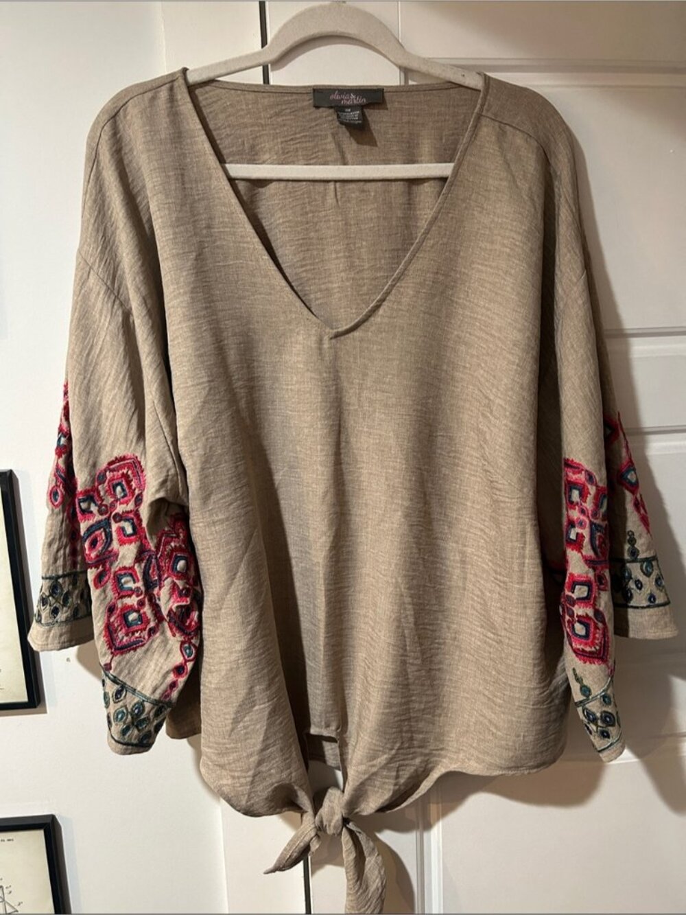 Embroidered Tie-Front Tunic Top in Tan - Picture 1 of 2